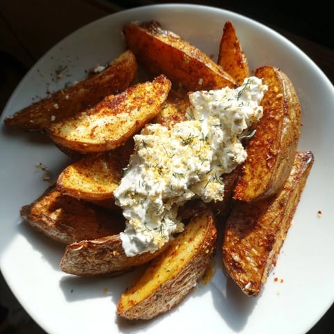 Crispy oven-baked potatoes, golden and seasoned, sit on a baking sheet, ready to serve with quark.