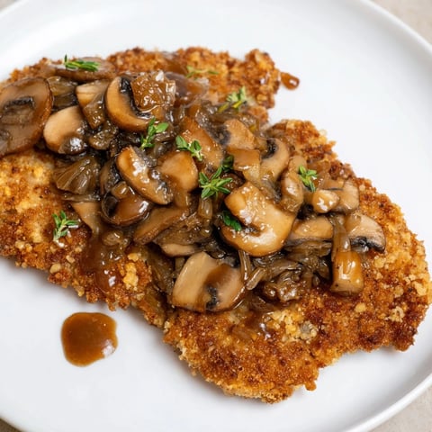 Crispy Hunters Schnitzel, topped with savory mushroom sauce, ready for a delicious dinner.