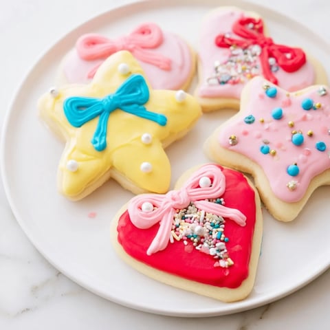 Sweet Pretty Bows Heart & Star Cookies, freshly baked, with pink icing and tiny edible pearls.