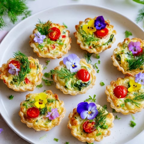 Couronne Florale Mini Quiches displayed in a lovely wreath shape, filled with colorful vegetables and creamy cheese.