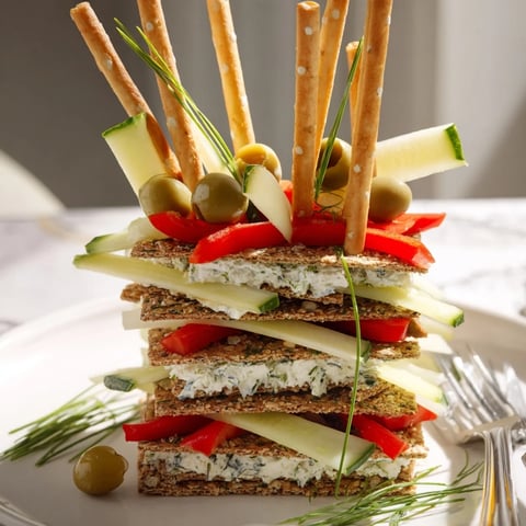 Delicious Urban Skyscraper Appetizers, beautifully stacked with cheese, veggies, and crackers for social gatherings.