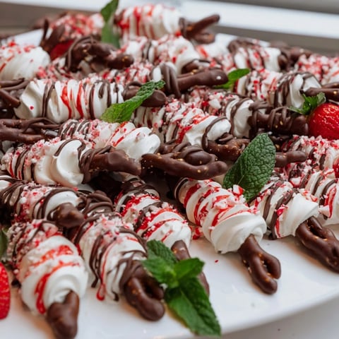 Festive Candy Cane Dessert Platter with colorful treats and fresh strawberries for holiday enjoyment.