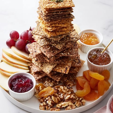 A towering display of gourmet crackers with vibrant preserves, perfect for entertaining guests.