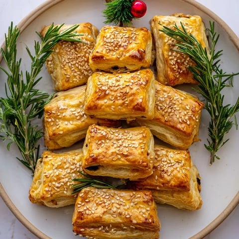 Golden, flaky savory bites: Mini sausage roll Christmas tree appetizer ready for a festive holiday table.