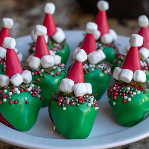 Elf-Hut-Schokoladen-Erdbeeren, frisch dekoriert mit Marshmallows und Perlen, ein festlicher Genuss.