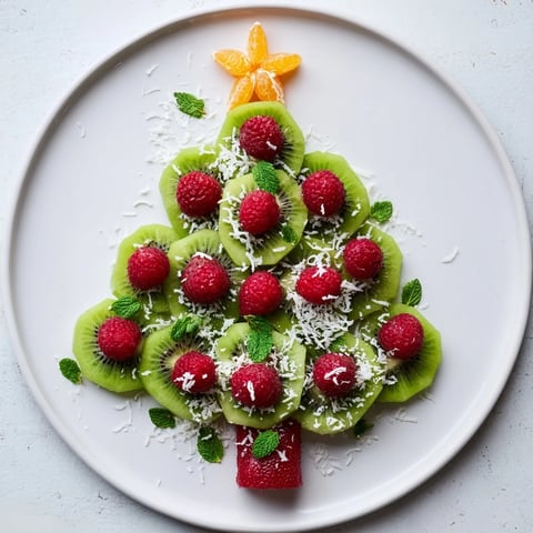 Festive Kiwi and Raspberry Christmas tree fruit plate, a colorful holiday appetizer.
