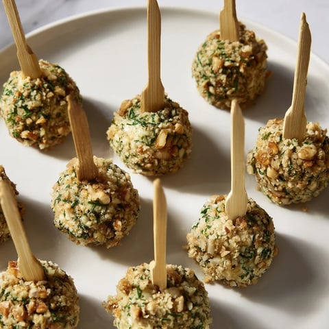 Creamy Champagne Cork Cheese Balls rolled in herbs and nuts, perfect appetizer for celebrations.