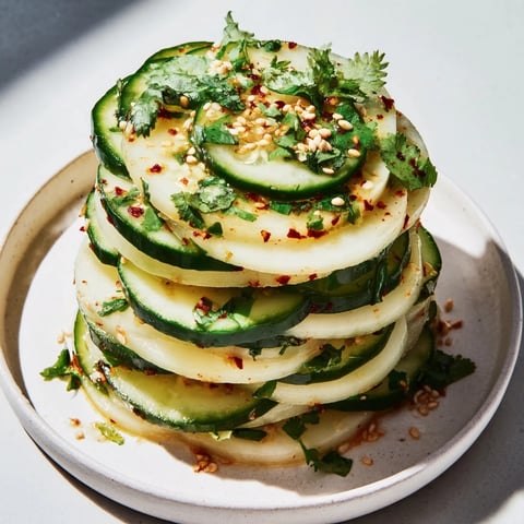Knackige Jicama- und Gurkenscheiben-Stapel, garniert mit frischem Koriander und einem Hauch von Chili-Limetten-Dressing.