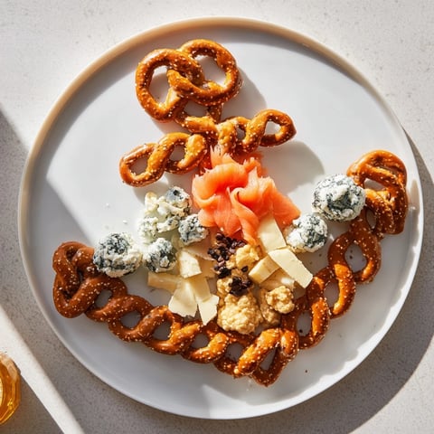 A beautifully arranged Anchor Maritime Board: a coastal charcuterie appetizer with pretzels and cheeses.