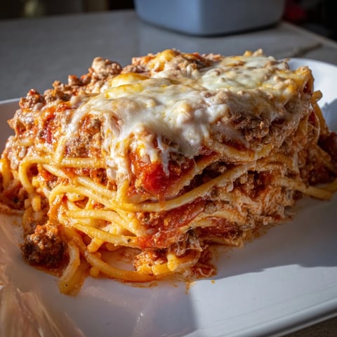A bubbly, cheesy skillet of Million Dollar Spaghetti, a rich baked pasta casserole, steaming hot.