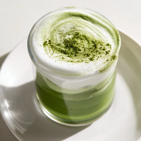A tall glass of creamy matcha latte with a cloud of sweet cold foam, ready to sip.