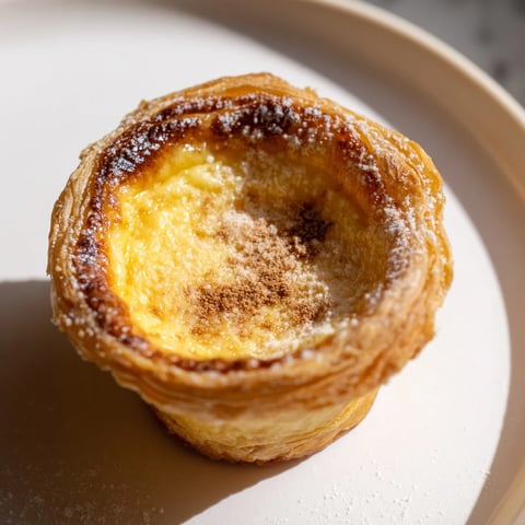 Golden-brown Portuguese Egg Tarts, flaky crusts brimming with creamy, cinnamon custard ready to enjoy.