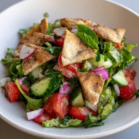 A vibrant, colorful Lebanese Fattoush Salad with crunchy pita chips, ready to eat.