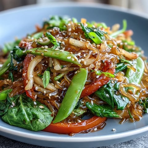 Leckerer und gesunder Kelpnudel-Pfanne mit bunten Gemüsen und scharfer Sauce.