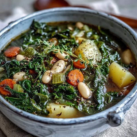 Hearty Kale Soup simmering in a pot, filled with tender kale, carrots, and creamy white beans.