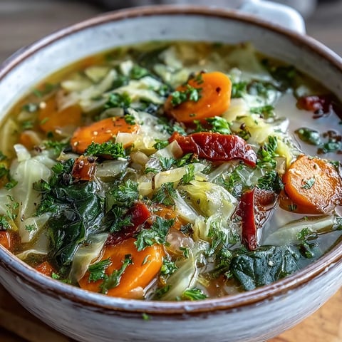 Geschmackvolle Cabbage Soup mit frisch gehackter Petersilie, einer dampfenden Brühe und buntem Gemüse in einer Riesenschüssel.
