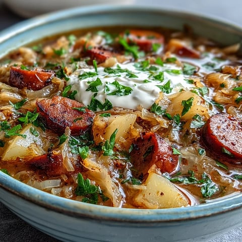 Rustikale Sauerkrautsuppe mit sahnigem Schmand und frischer Petersilie garniert.