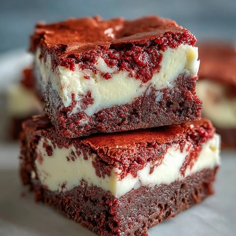 Rote Samt Cheesecake Brownies auf einer weißen Platte, mit einem cremigen Käse-Zentrum und einer knackigen Schokoladenschicht.