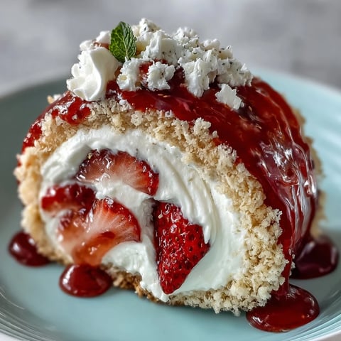 Golden crepe spirals filled with airy sponge cake, fresh whipped cream, and juicy strawberries in this Strawberry Shortcake Sushi Roll.
