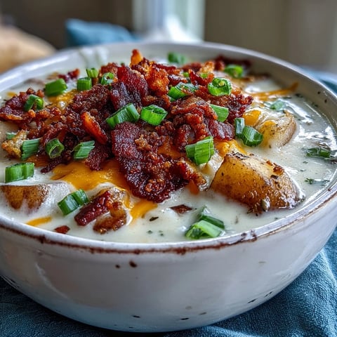 Creamy Loaded Potato Soup steaming in a bowl, topped with crispy bacon and green onions.