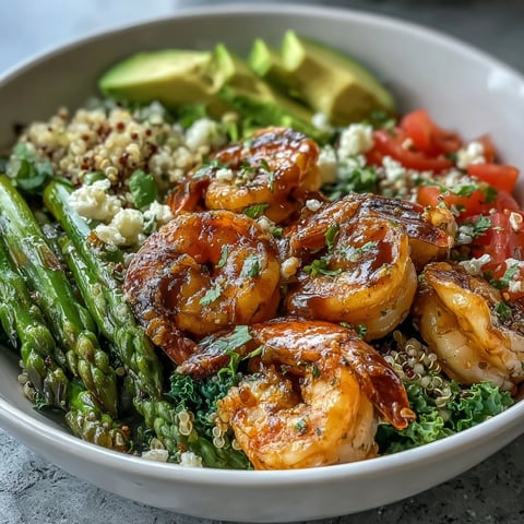 Ein bunter Rainbow Vegetable Detox Bowl mit Garnelen, Avocado, Brokkoli und Quinoa, beträufelt mit Balsamico-Essig.