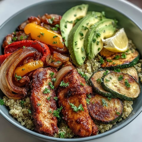 Ein Paprika-Gemüse-Quinoa-Bowl mit geröstetem Gemüse, goldbraunem Hähnchen und cremigem Avocado, garniert mit frischer Zitronensalate.