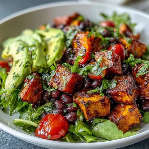 Röstaromen aus dem Ofen: gebratene Süßkartoffeln mit schwarzen Bohnen und cremigem Avocado im Schüsselbild, perfekt für ein gesundes Abendessen.