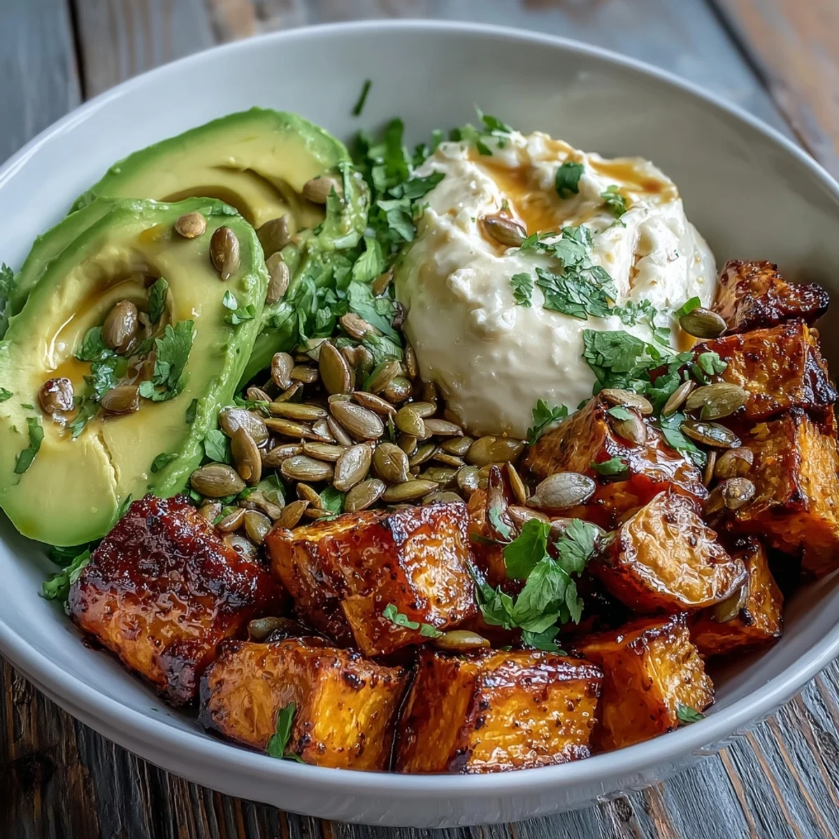 Crispy roasted sweet potato cubes paired with creamy avocado and cottage cheese in a vibrant Hot Honey Sweet Potato Bowl, drizzled with spicy-sweet honey.
