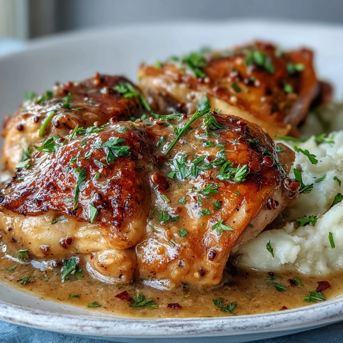 Slow Cooker Honey Mustard Chicken breasts in a velvety golden sauce served over fluffy white rice