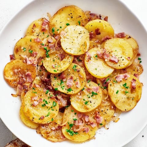 Savory bacon bits and sweet onions sizzle alongside the Simple Fried Potatoes recipe.