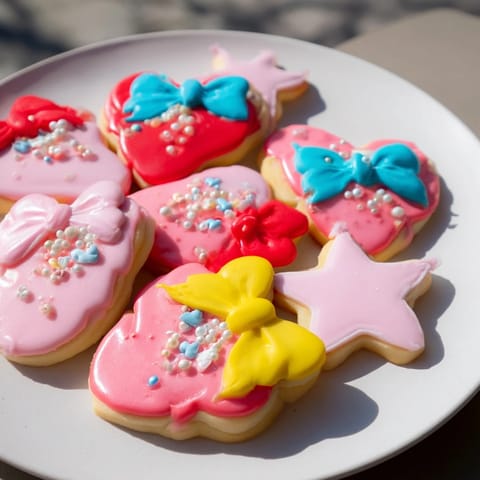 Vibrant Pretty Bows Heart & Star Cookies, perfect for gifts, iced with delightful bows and sprinkles.