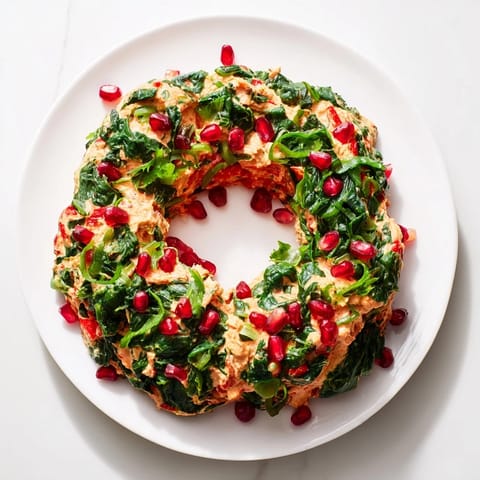 Vibrant Red Pepper and Spinach Dip Wreath, ideal appetizer, inviting with colorful, fresh ingredients.