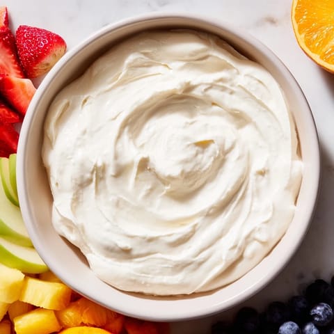 Sweetened, rich cream cheese fruit dip, shown with fresh fruit perfect for dipping and sharing.