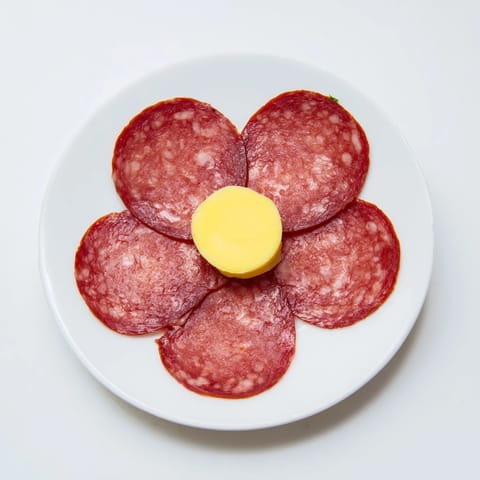 This simple Tudor Rose appetizer showcases salami arranged like a rose around a yellow cheese center.