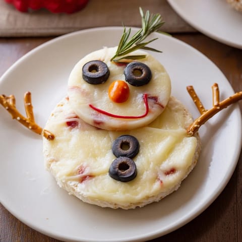 Festive Melted Snowman Cheese Bites, a delicious and easy appetizer with pretzel arms and fresh chives.