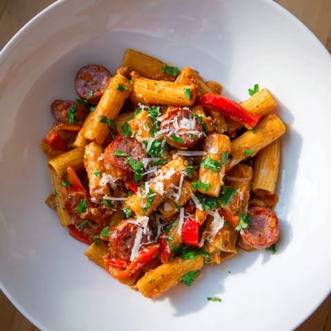Enjoy a steaming bowl of Spanish Chorizo Pasta, showcasing flavorful chorizo and a vibrant tomato sauce.