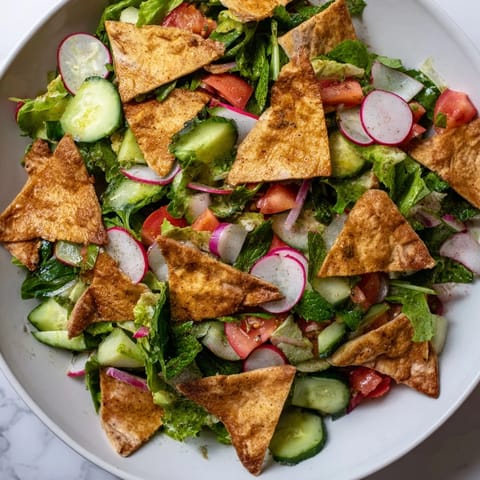 Freshly made Lebanese Fattoush Salad with bright vegetables and a delicious dressing.