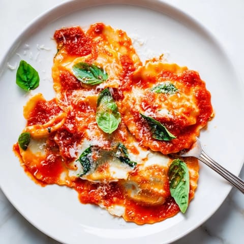 Frisch gekochte Spinat-Ricotta-Ravioli im Tomaten-Sauce-Bett mit geriebenem Parmesan und Olivenöl verziert.