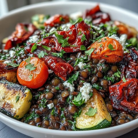 Hearty Black Lentil Salad, featuring tender lentils and caramelized vegetables.