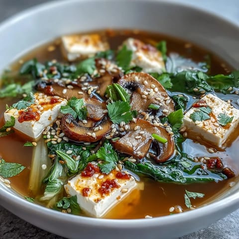 Fragrant ginger and garlic enhance this Tofu and Vegetable Soup, served steaming in a rustic Asian-style ceramic bowl.  