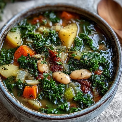 Steaming bowl of Kale Soup garnished with fresh thyme, served alongside crusty gluten-free bread for dipping.