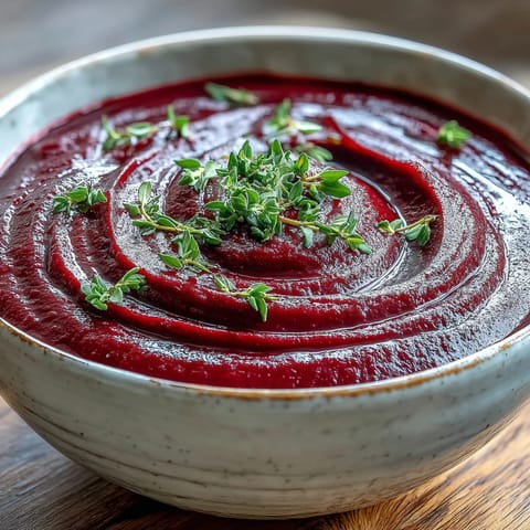 Serves four: a bowl of creamy Roasted Beet Soup, its magenta swirl topped with fresh thyme and a drizzle of cream.