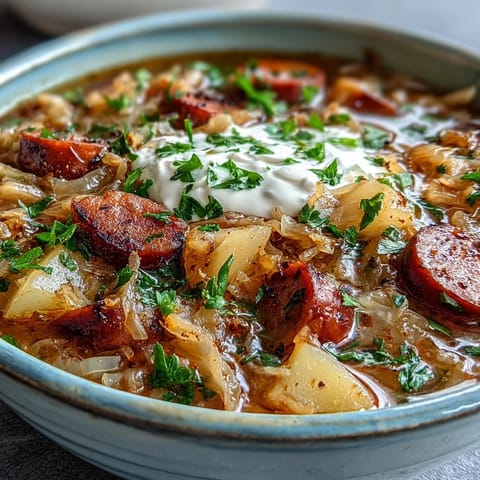 Rustikale Sauerkrautsuppe mit sahnigem Schmand und frischer Petersilie garniert.
