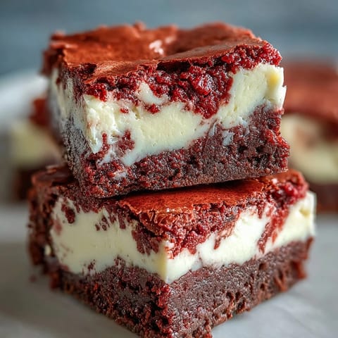 Rote Samt Cheesecake Brownies auf einer weißen Platte, mit einem cremigen Käse-Zentrum und einer knackigen Schokoladenschicht.