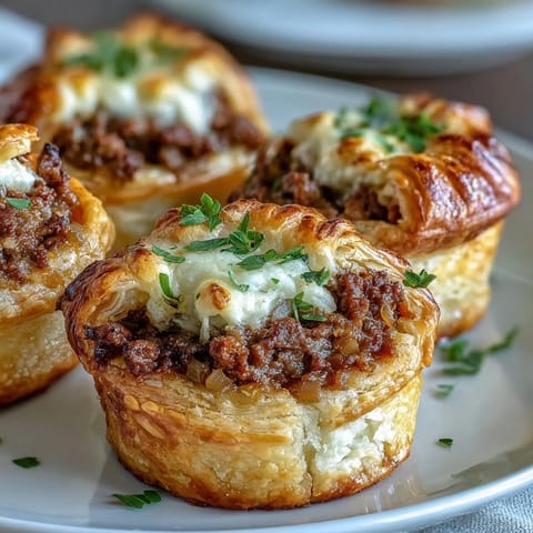 Golden brown Mini Beef Tourtières, appetizer-sized savory meat pies with flaky crust.