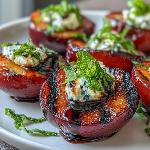Geröstete Balsamic-Goat-Cheese-Pflaumen beträufelt mit süßer Honig-Glasur und frischer Minze garniert.
