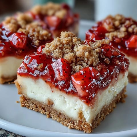 Saftige Strawberry Cheesecake Bars mit goldbraunem Streusel für den Genuss.