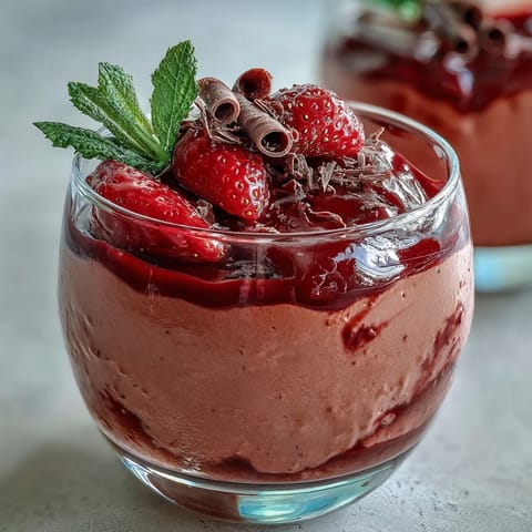 Luscious Chocolate-Covered Strawberry Mousse dessert layered in a glass, topped with fresh berries and shaved chocolate.