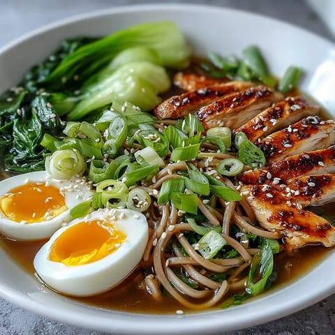Healthy Miso Chicken Noodle Bowls in a steaming bowl with soft-boiled eggs, sesame seeds, and fresh bok choy