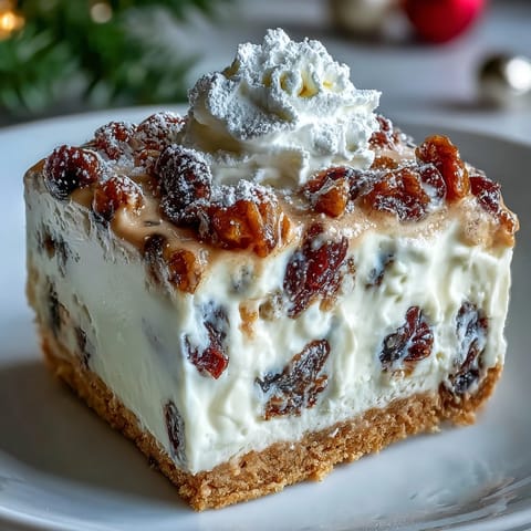 Festliche Christmas Cheesecake Slab mit cremiger Füllung und gestreifter Saure-Kreme-Note auf knusprigem Boden.